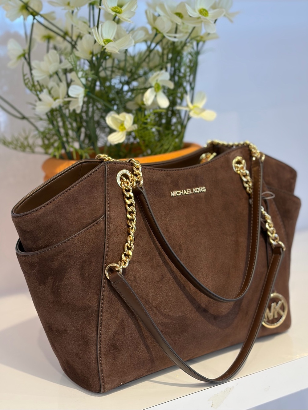 Michael Kors Chocolate Brown Suede Jet Set Travel Chain Tote Shoulder bag - Picture 1 of 13